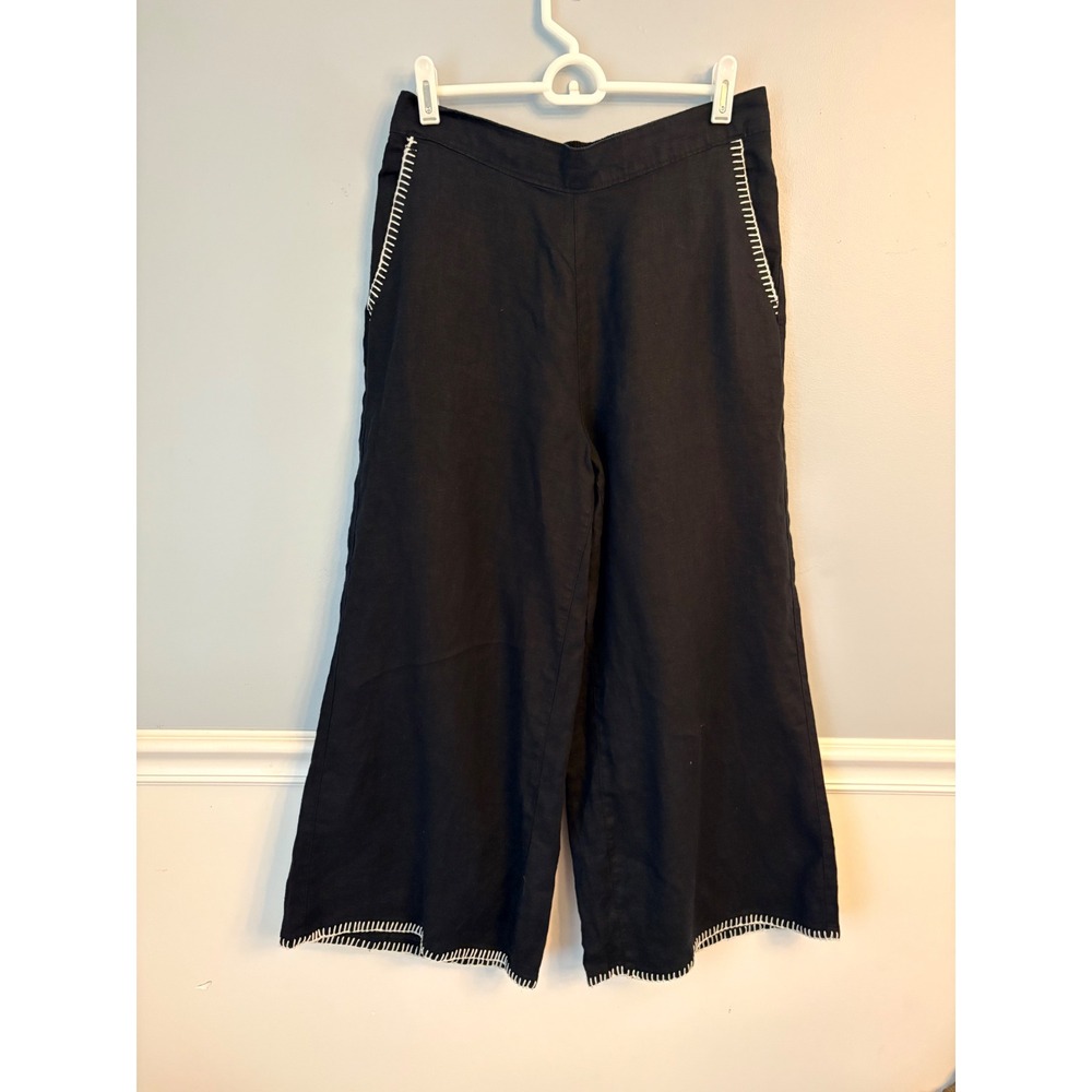 Rachel Zoe Black 100% Linen Wide Leg Whipstitch Crop Pants Womens Medium
